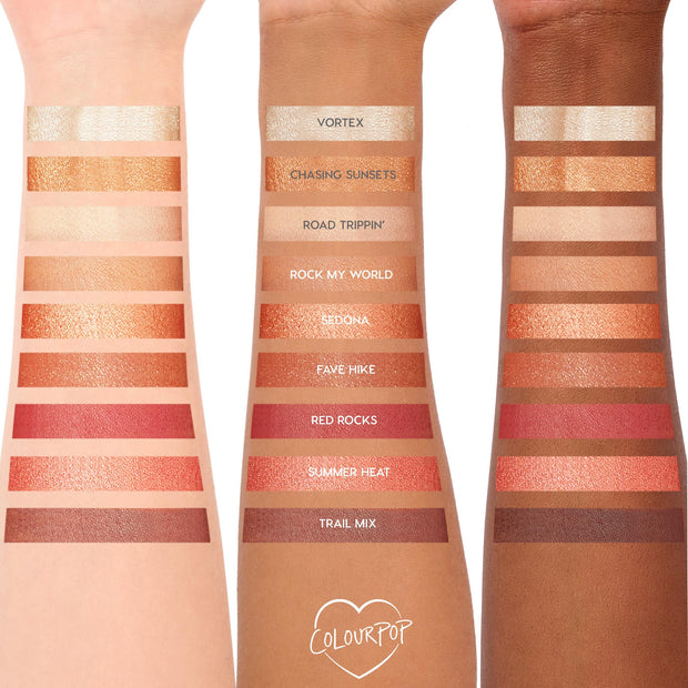 Rock On ColourPop Shadow Palette swatches sweep across three arms in light, medium, and deep skin tones, showing nine warm neutrals - champagne to copper and brick red - with matte and metallic finishes; shades include Vortex, Sedona, Red Rocks, Trail Mix.