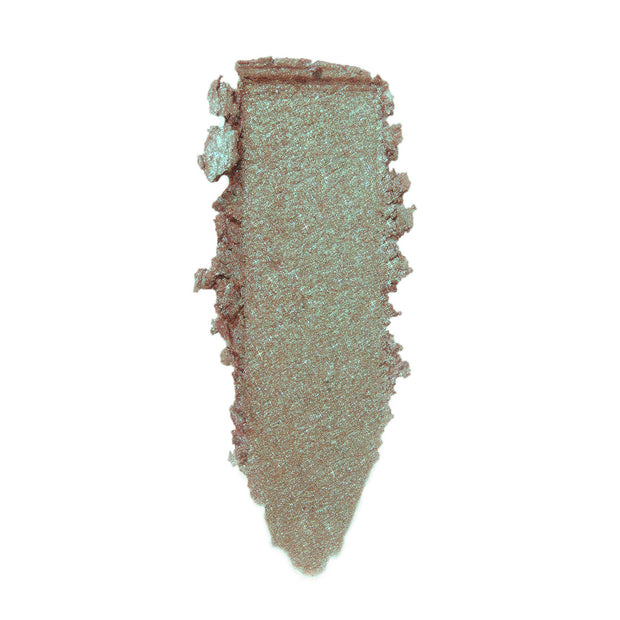 Shimmery rose-gold to mint duochrome swatch spreads in a single vertical swipe, showcasing the sparkle payoff of Rooftop Cocktails, a ColourPop Super Shock Shadow cream-to-powder eyeshadow, on a clean white background.