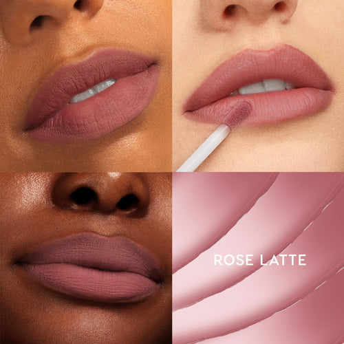 ColourPop Ultra Blotted Lip, Rose Latte, coating lips with a doe-foot applicator in a four-panel grid across light to deep skin tones, showing a muted rosy-mauve matte, soft-blur finish with swipe texture.