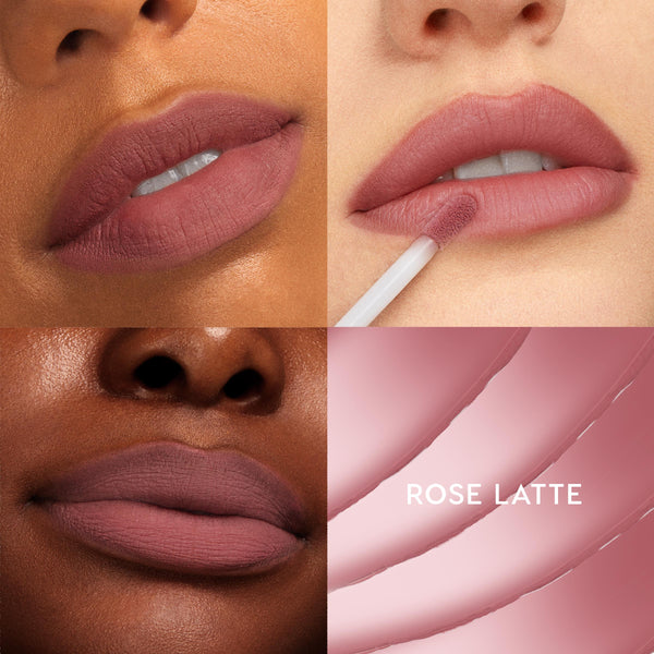 ColourPop Ultra Blotted Lip, Rose Latte, coating lips with a doe-foot applicator in a four-panel grid across light to deep skin tones, showing a muted rosy-mauve matte, soft-blur finish with swipe texture.