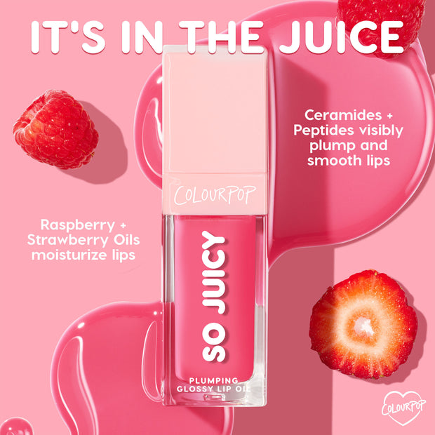 ColourPop So Juicy Plumping Glossy Lip Oil in Beverly Drive stands upright with a pale pink cap, displaying a vivid pink tint as nearby berries and glossy swirls highlight raspberry + strawberry oils and ceramides + peptides that visibly plump and smooth lips.