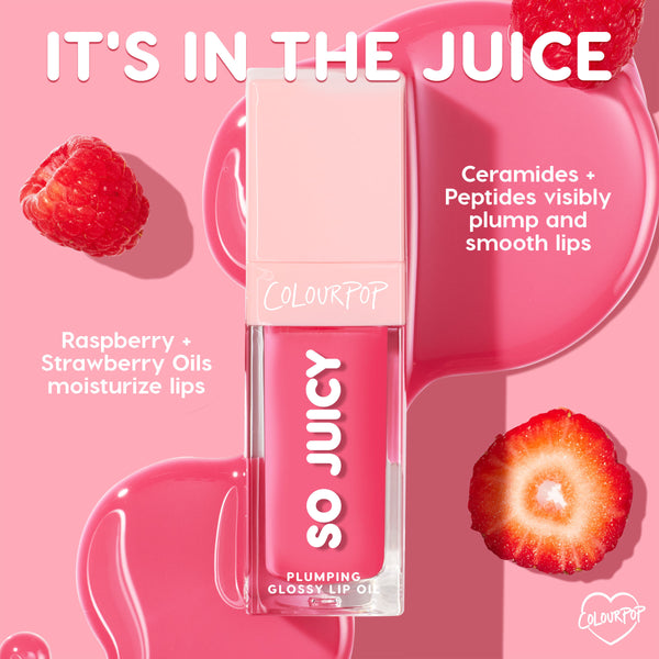 ColourPop So Juicy Plumping Glossy Lip Oil in It’s a Date stands upright, hot pink tinted, highlighting ceramides and peptides to visibly plump and smooth lips, with raspberry and strawberry oils for moisture on a pink background with fruit.