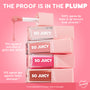 ColourPop So Juicy Plumping Glossy Lip Oil in So Sassy drips from a doe-foot applicator onto a stack of four SO JUICY tubes in nude, pink, fuchsia, and cocoa shades on a pink backdrop with callouts for glass-like shine and fuller, smoother lips.