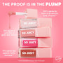 ColourPop So Juicy Lip Oil Set It’s Giving Juicy stacked tubes with a dripping doe-foot applicator, showing clear, pink, and nude shades on a pink backdrop; infographic highlights glass-like shine, smoother lip lines, and a fuller look.
