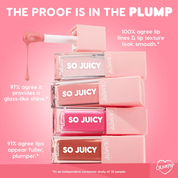 ColourPop So Juicy Lip Oil Set 100% Juicy, four stacked gloss tubes in nude, pink, and brown with a doe-foot applicator dripping gloss, showcasing plumping, smoothing, glass-like shine claims against a pink backdrop.