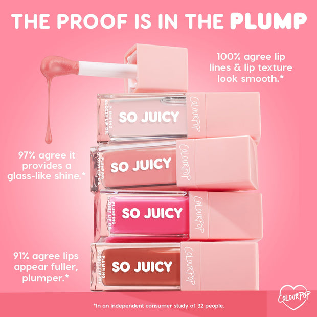 ColourPop So Juicy Lip Oil Set 100% Juicy, four stacked gloss tubes in nude, pink, and brown with a doe-foot applicator dripping gloss, showcasing plumping, smoothing, glass-like shine claims against a pink backdrop.