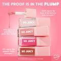 Trending Now ColourPop So Juicy Plumping Glossy Lip Oil tubes stack with a dripping doe-foot applicator on a pink backdrop; clear, pink, and nude shades; claims: 100% smoother lines, 97% glass-like shine, 91% fuller lips (32-person study).