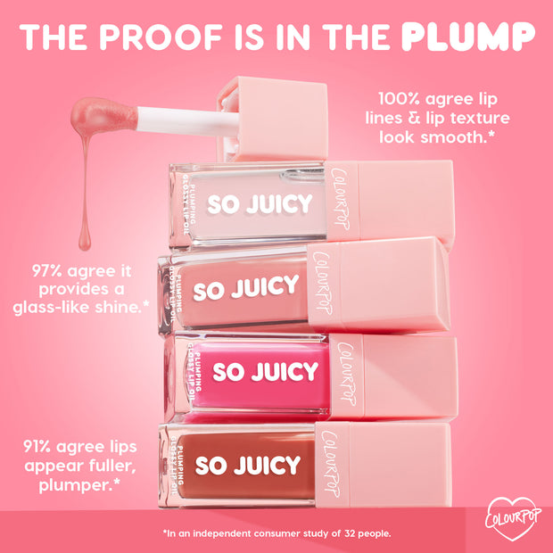 Trending Now ColourPop So Juicy Plumping Glossy Lip Oil tubes stack with a dripping doe-foot applicator on a pink backdrop; clear, pink, and nude shades; claims: 100% smoother lines, 97% glass-like shine, 91% fuller lips (32-person study).