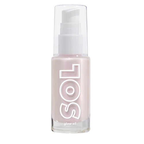 Moonstone shade of ColourPop SOL Glow Oil stands upright in a clear glass pump bottle with a white pump and clear cap, pearly pink shimmer visible and bold vertical “SOL” logo, against a clean white studio background.