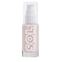 Moonstone shade of ColourPop SOL Glow Oil stands upright in a clear glass pump bottle with a white pump and clear cap, pearly pink shimmer visible and bold vertical “SOL” logo, against a clean white studio background.