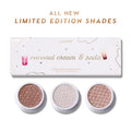 ColourPop Coconut Cream and Soda Super Shock Shadow kit showing three shimmery neutral eyeshadows in white round pans beneath a white limited edition palette box with gold lettering and drink graphics on a clean white background.