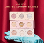 Sweet Sips Full Collection Set of ColourPop Super Shock Shadow trios displayed in three pastel palettes held by a teal gloved hand against a red curtain background with gold text announcing all new limited edition shades.