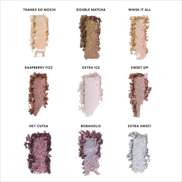 Sweet Sips Full Collection Set swatch grid showing nine shimmery Super Shock Shadow shades—Thanks So Mochi, Double Matcha, Whisk It All, Raspberry Fizz, Extra Ice, Sweet Sip, Hey Cutea, Bobaholic, and Extra Sweet—on a clean white background.