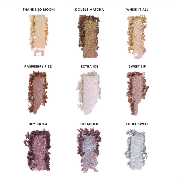 Sweet Sips Full Collection Set swatch grid showing nine shimmery Super Shock Shadow shades—Thanks So Mochi, Double Matcha, Whisk It All, Raspberry Fizz, Extra Ice, Sweet Sip, Hey Cutea, Bobaholic, and Extra Sweet—on a clean white background.
