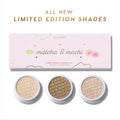 ColourPop Matcha and Mochi Super Shock Shadow kit showing three open shimmer eyeshadow pots in honeycomb-pressed pans beneath a pastel pink box with matcha and mochi illustrations and “All New Limited Edition Shades” text on a white background.
