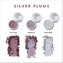 ColourPop Milk Tea and Boba Super Shock Shadow trio called Silver Plums showing three open pots and crushed swatches of shimmery plum, lavender, and icy silver shades labeled Hey Cutea, Bobaholic, and Extra Sweet on a white background.
