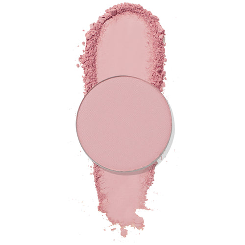 Round pan of Say I Do ColourPop Pressed Powder Shadow showing a matte pale blush-pink eyeshadow, with a smooth swatch of finely milled powder beneath the pan on a white background, highlighting blendable, soft-focus payoff.