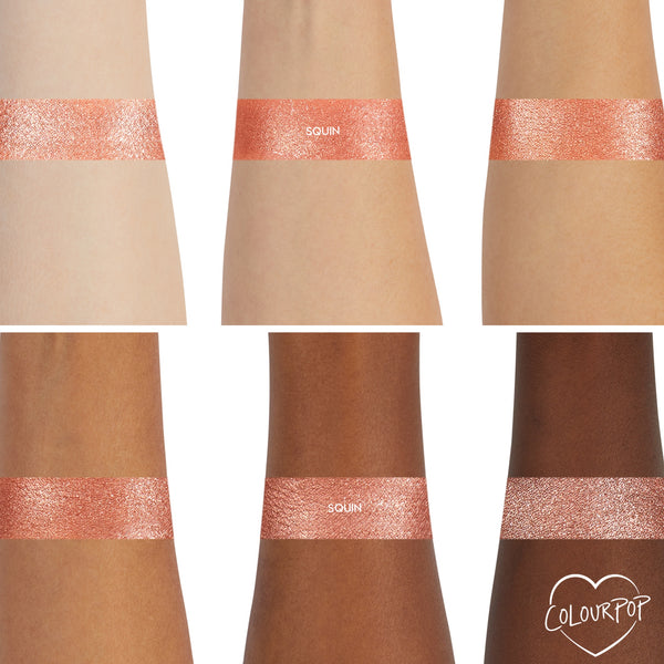 Sequin Super Shock Shadow swatch gleams across six forearms, showing smooth, opaque payoff on light to deep skin tones; a metallic rose‑gold copper shimmer band on each arm, with the ColourPop heart logo in the bottom right.