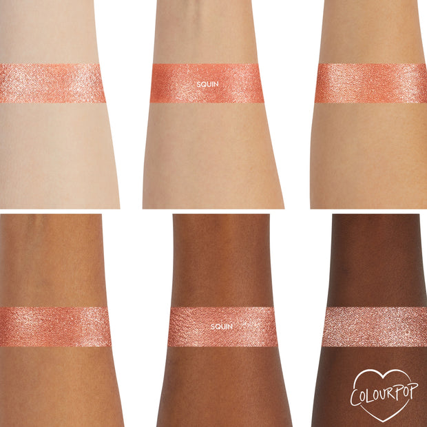 Sequin Super Shock Shadow swatch gleams across six forearms, showing smooth, opaque payoff on light to deep skin tones; a metallic rose‑gold copper shimmer band on each arm, with the ColourPop heart logo in the bottom right.