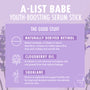A-List Babe youth-boosting serum stick infographic showcases key benefits: naturally derived retinol (retinyl linoleate) to smooth fine lines, cloudberry oil to brighten, and squalane for moisture, on a lavender layout with Fourth Ray Beauty logo; ColourPop Serum Stick.