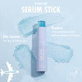 Dew Over hydrating serum stick stands open with teal balm exposed on a pale blue background with water droplets and gel swatches, highlighting hyaluronic acid hydration for dry, thirsty skin; a travel-friendly Fourth Ray Beauty ColourPop Serum Stick.
