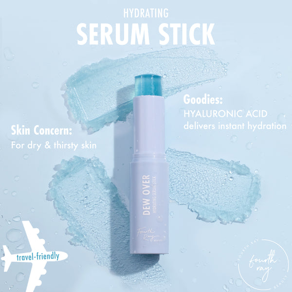 Dew Over hydrating serum stick stands open with teal balm exposed on a pale blue background with water droplets and gel swatches, highlighting hyaluronic acid hydration for dry, thirsty skin; a travel-friendly Fourth Ray Beauty ColourPop Serum Stick.