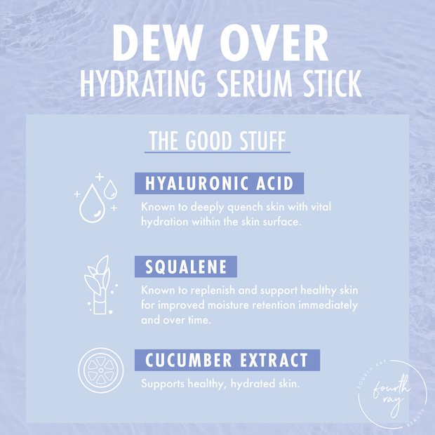 Dew Over Hydrating Serum Stick infographic highlights hyaluronic acid, squalene, and cucumber extract benefits on a rippled blue background with Fourth Ray Beauty branding, part of the Best Face Scenario ColourPop Face Set.