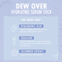 Dew Over Hydrating Serum Stick infographic highlights hyaluronic acid, squalene, and cucumber extract benefits on a rippled blue background with Fourth Ray Beauty branding, part of the Best Face Scenario ColourPop Face Set.