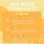 ColourPop Serum Stick Ego Boost presented on an orange, citrus-style infographic highlighting Vitamin C (THD ascorbate), turmeric, and camu camu; benefits include brightening, evening tone, environmental defense, collagen support, and boosted radiance.