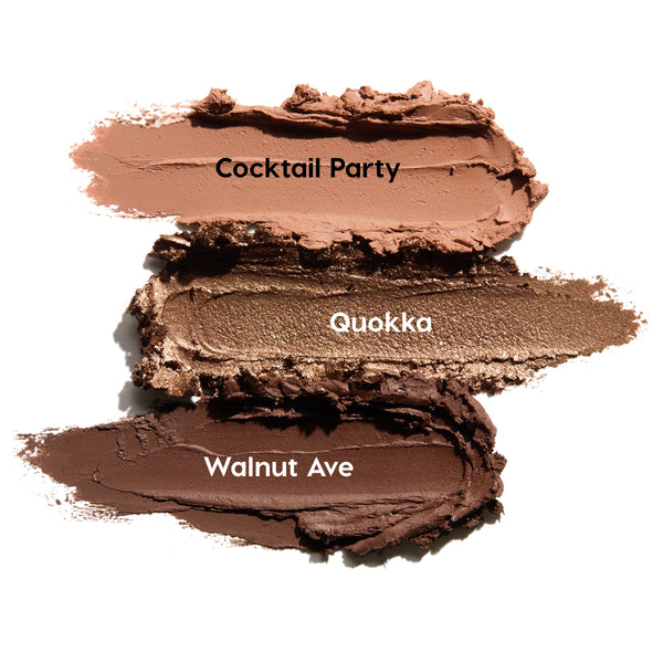 Three ColourPop Shadow Stix swatches show Essential Neutrals: Cocktail Party (matte rosy beige), Quokka (metallic bronze), and Walnut Ave (matte deep brown), smeared on a white background to highlight creamy texture and color payoff.