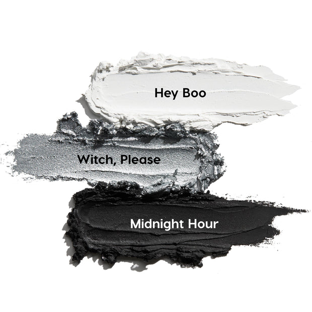 Totally Wicked ColourPop Shadow Stix trio swatches streak across a white backdrop - matte white Hey Boo, metallic silver Witch, Please, and matte black Midnight Hour - showcasing creamy, blendable eye color.
