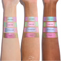 Colourpop Disco Disco Shadow Stix swatched on three skin tones, showing the shimmery pink duochrome finish alongside Game Over, Cotton Candy, and Galaxy shades in wide metallic bands on forearms.