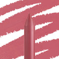 Shot Clock ColourPop Lippie Pencil tip standing upright, showcasing a soft rosy-mauve shade with bold diagonal swatches behind it, highlighting the lip liner’s color payoff and smooth texture.