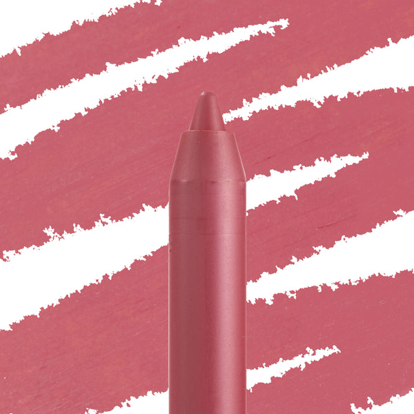 Shot Clock ColourPop Lippie Pencil tip standing upright, showcasing a soft rosy-mauve shade with bold diagonal swatches behind it, highlighting the lip liner’s color payoff and smooth texture.