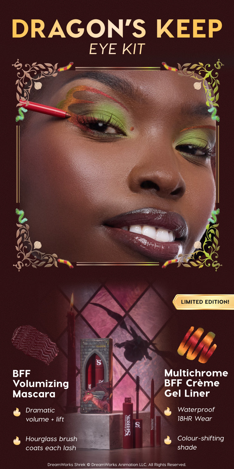 ColourPop Dragon’s Keep Eye Kit showcasing BFF Volumizing Mascara lifting lashes and Multichrome BFF Crème Gel Liner tracing red-gold, color-shifting lines over lime green shadow, set with Shrek-themed limited-edition packaging and 18-hour waterproof wear.