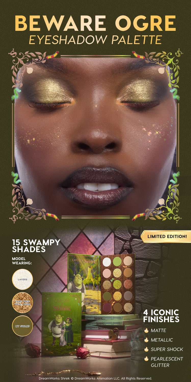 ColourPop Beware Ogre Eyeshadow Palette features 15 swampy green and neutral shades; a model wears shimmering green‑gold shadow while the open Shrek collab palette shows matte, metallic, Super Shock, and pearlescent glitter finishes, limited edition.