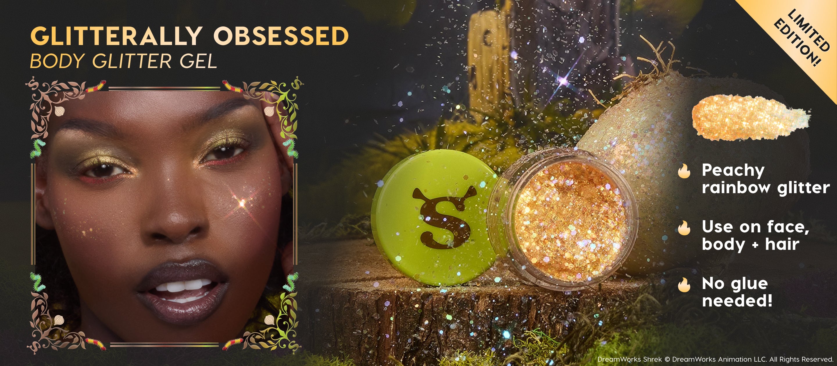 ColourPop Shrek Glitterally Obsessed body glitter gel, an open pot of peachy rainbow glitter sparkling beside a lime-green cap with ogre ears logo, shown on a model’s eyes and cheeks; no-glue, face, body, and hair formula in a forest-stump scene.