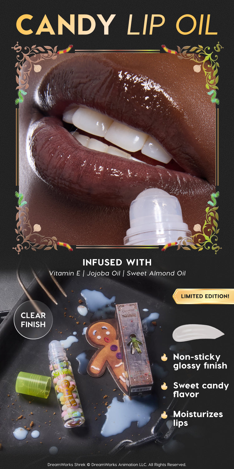 Glossy lips roll on a clear Shrek-themed candy lip oil by ColourPop for non-sticky shine; below, the rollerball tube, lime cap, and Gingy box sit on a messy baking tray with milk splatters, featuring vitamin E, jojoba, and sweet almond oils.