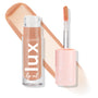 ColourPop Lux Lip Oil Skinny Dip shown with cap off, doe-foot applicator coated in peachy nude tint beside a clear square tube; a glossy nude swatch arcs behind on a white background, pink cap with white star details.