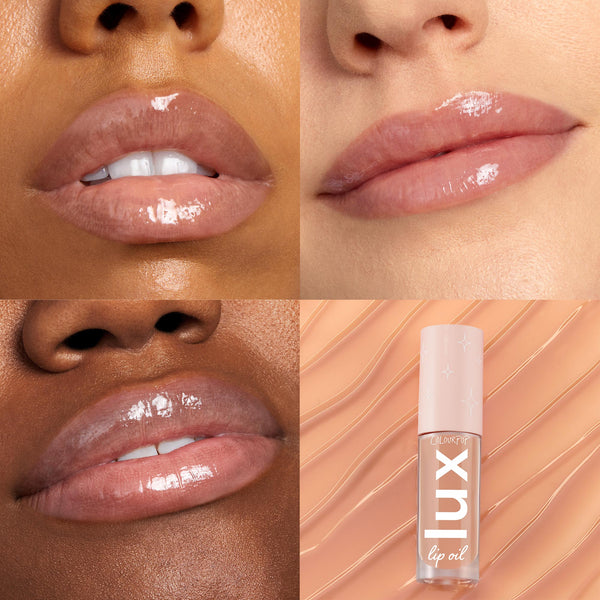 ColourPop Lux Lip Oil Skinny Dip coating lips with a sheer nude shine across three close-up swatches, while the pink-capped “lux” tube rests on a swirled peach backdrop, showcasing a hydrating, non-sticky finish.