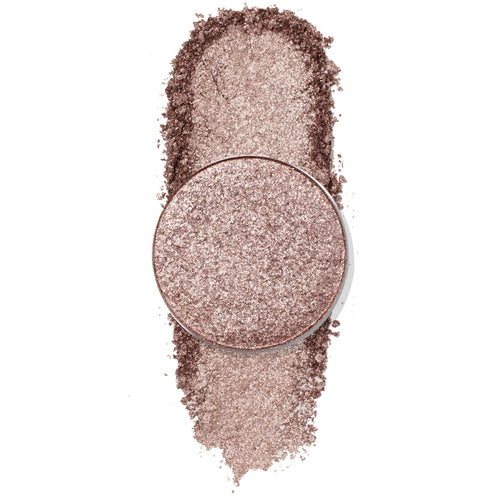 ColourPop Snake Eyes Pressed Powder Shadow shown with a circular pan over a vertical swatch on white, featuring a metallic rose‑taupe shimmer and glittery finish that highlights texture, pigment, and sparkle.