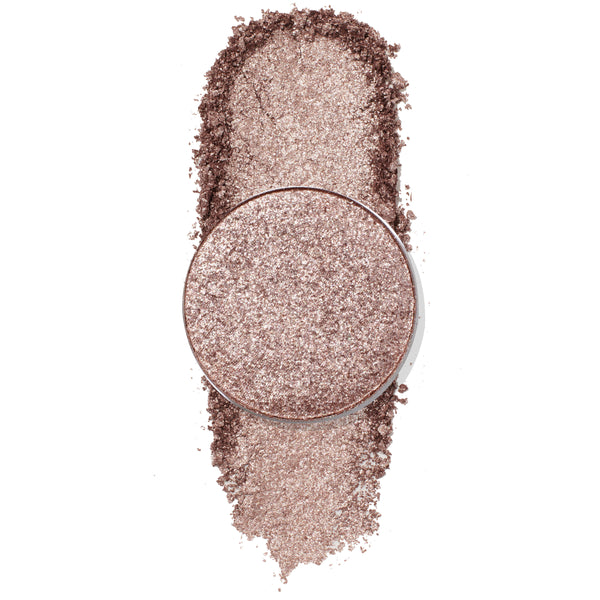 ColourPop Snake Eyes Pressed Powder Shadow shown with a circular pan over a vertical swatch on white, featuring a metallic rose‑taupe shimmer and glittery finish that highlights texture, pigment, and sparkle.