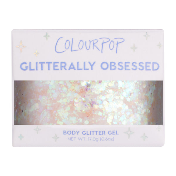 So Cute ColourPop Glitter Gel shows iridescent, multi-sized pastel glitter suspended in clear gel, visible through a windowed white Glitterally Obsessed box with star accents; body glitter gel, 0.6 oz (17 g), for face and body.