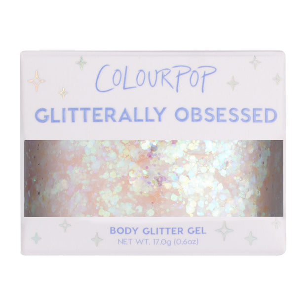 So Cute ColourPop Glitter Gel shows iridescent, multi-sized pastel glitter suspended in clear gel, visible through a windowed white Glitterally Obsessed box with star accents; body glitter gel, 0.6 oz (17 g), for face and body.
