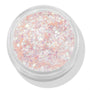 So Cute glitter gel shimmers with chunky iridescent flakes in a peachy-clear base, filling a round clear jar; ColourPop Glitter Gel for face and body makeup, shown in a close-up product shot on a white background.