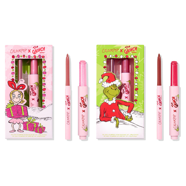 Pouty Grinch lip set from the ColourPop x The Grinch collabs, showing two pink-and-red plumping glossy balms with matching liners in illustrated holiday boxes featuring Cindy Lou and the Grinch on a white backdrop.