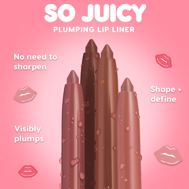 ColourPop So Juicy Plumping Lip Liner Set, Total Slay, four twist-up nude lip liner pencils stand upright with glossy droplets, tips exposed; callouts note no need to sharpen, visibly plumps, and shape + define against a pink gradient backdrop.
