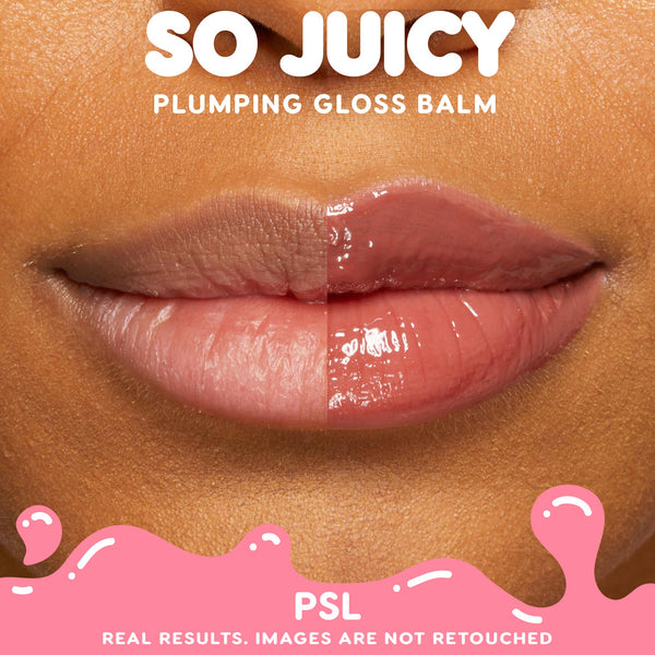 Close-up lips showcasing Berry Spritz applied on the right and bare on the left, demonstrating before-and-after plump, high-shine results of the ColourPop So Juicy Plumping Gloss Balm with Peptides against a clean studio background.