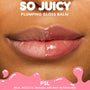 Close-up lips showcasing Berry Spritz applied on the right and bare on the left, demonstrating before-and-after plump, high-shine results of the ColourPop So Juicy Plumping Gloss Balm with Peptides against a clean studio background.