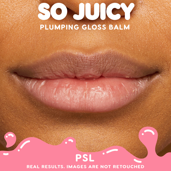 Close-up lips wearing Colourpop Tea Sesh So Juicy Plumping Gloss Balm with Peptides, showing smooth, hydrated shine for a Lip Gloss & Lip Oil look against warm skin with pink bubbly border and bold So Juicy product text.